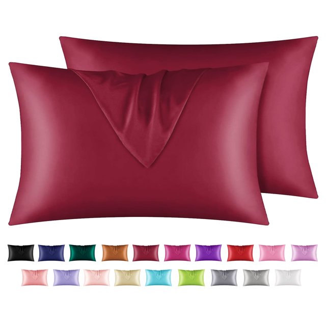 Funda de almohada de seda satinada Astarin para cabello, tamaño estándar, color vino, paquete de 2 fundas de almohada de satén con cierre de sobre, 50 x 66 cm