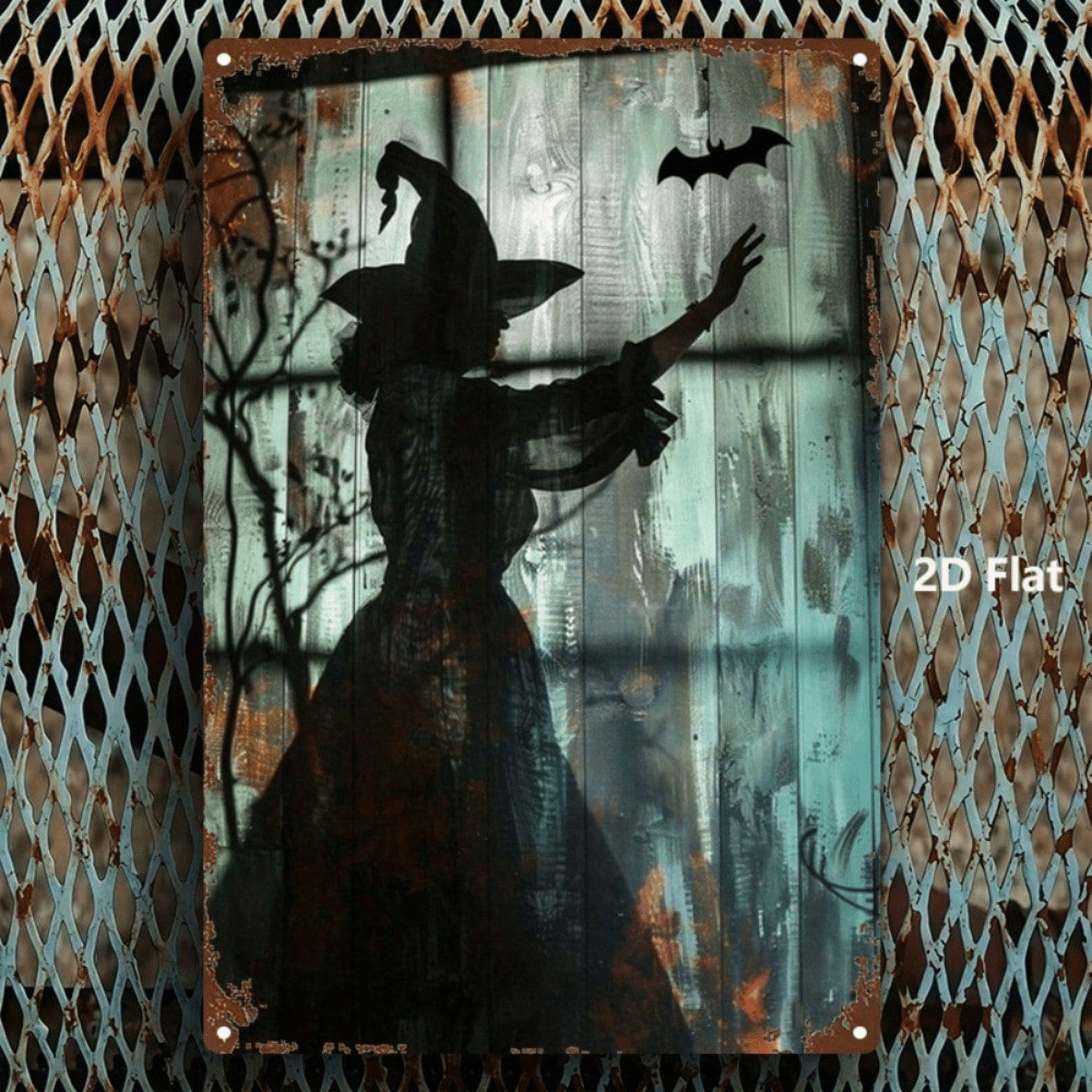 Halloween Witch And Bat Silhouette Metal Sign, 8x12 Inch 2D Flat Durable Vintage Metal Plaque, Halloween Themed Wall Decor