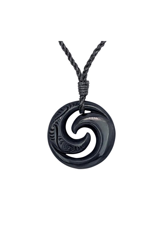 Carved Horn Double Koru Pendant with Engravings - Taonga Maori Style Jewellery Men's Bone Necklace - Tribal Necklaces - Round Spiral Surfer Necklaces