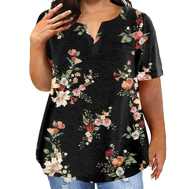MKLEKYY Playeras Mujer Algodon Camiseta Informal De Manga Corta Con Bolsillo Y Cuello En V Holgado De Talla Grande Para Mujer Talla XXXXL