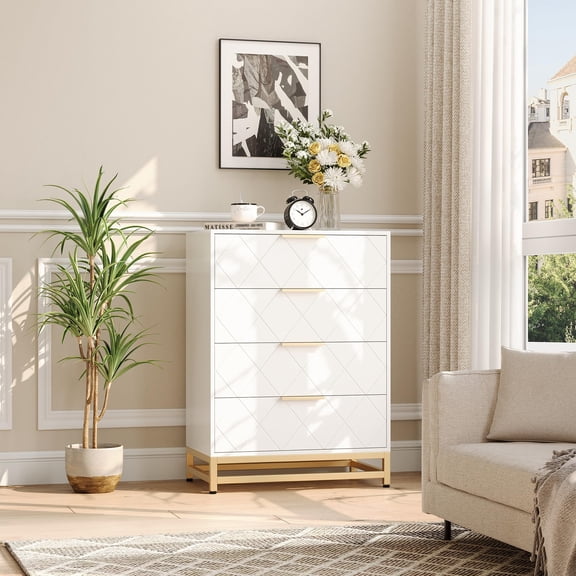 4 Drawer Dresser for Bedroom & Closet, Tall Chest of Drawers, Modern Wood Dresser with Golden Handles, Storage Chest for Kids Room Nursery Closet Living Room Hallway, White