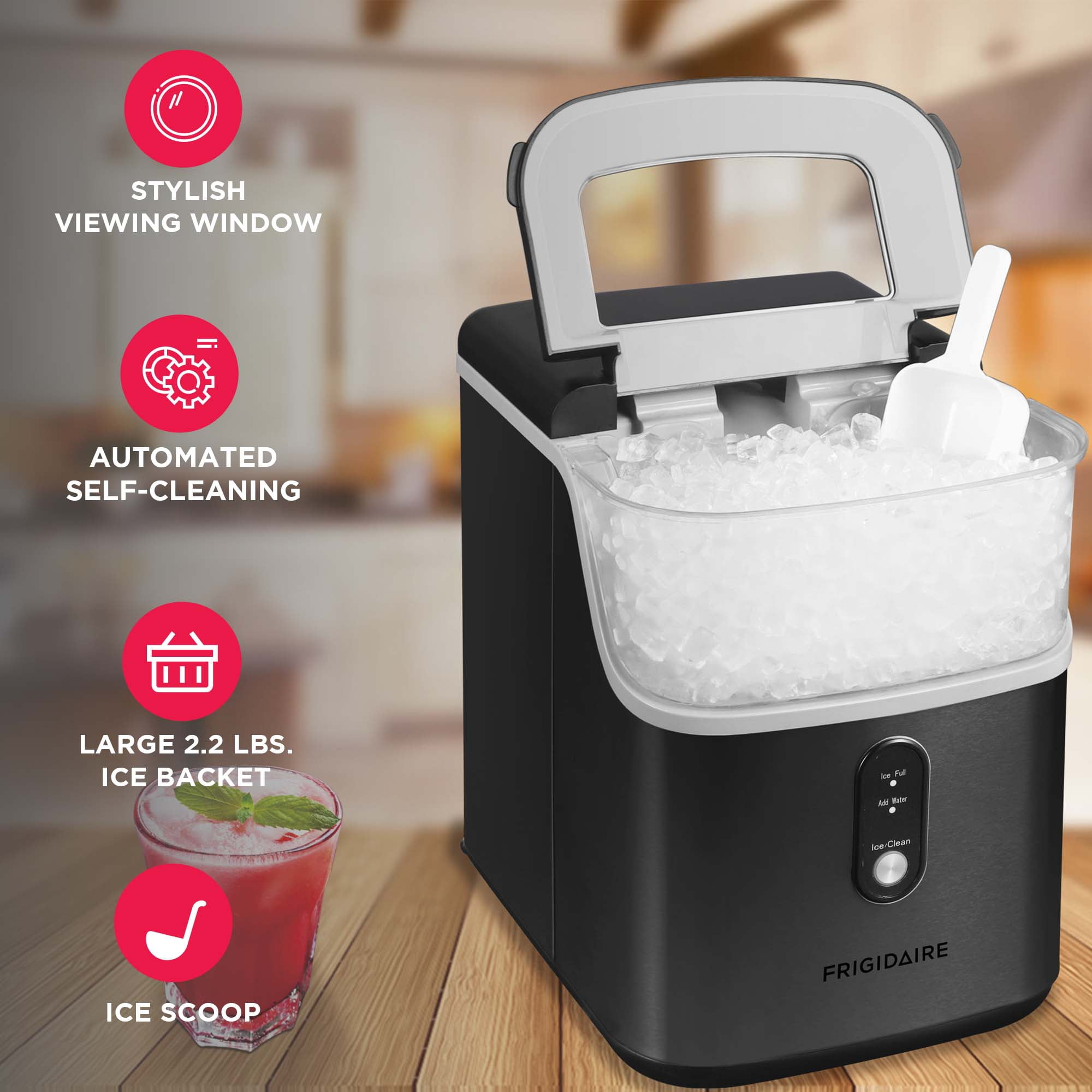 Frigidaire 33 lbs. Countertop Nugget Ice Maker, Self-Cleaning Ice Machine with Touch Controls, Black Stainless Steel