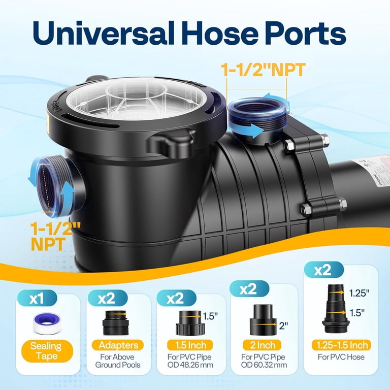 1.5HP Self-Priming Swimming Pool Pump – Dual Voltage, In-Ground & Above Ground, 6500 GPH Max Flow