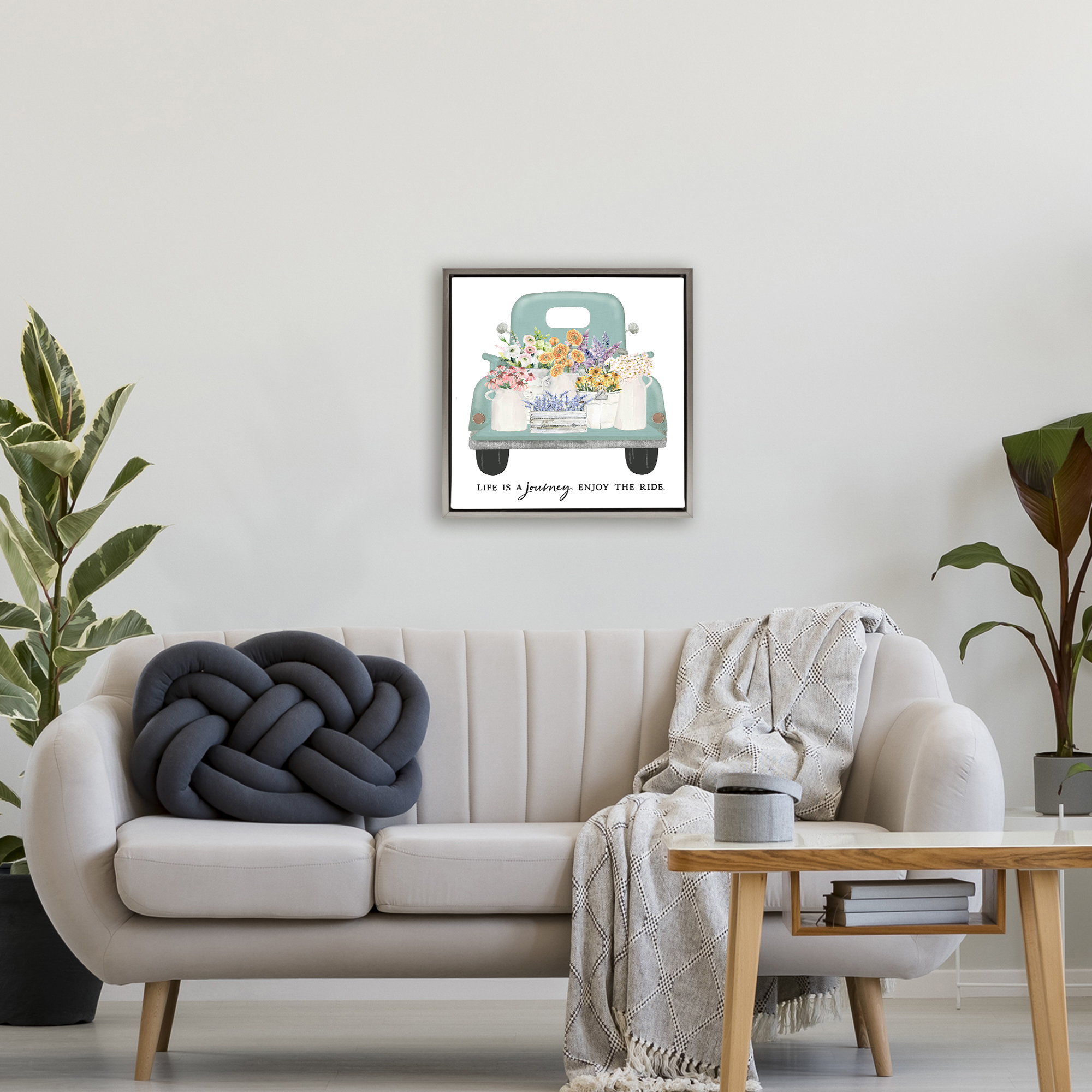 Enjoy Ride Floral Truck Gray Framed Floater Canvas Wall Art, design by Lettered and Lined