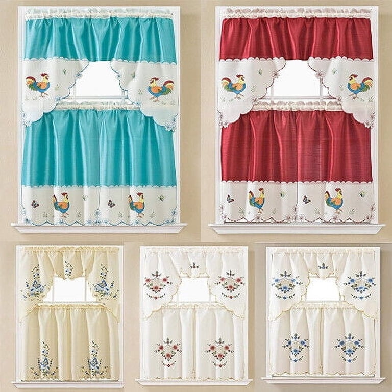 All American Collection 3 Piece Floral Embroidered Kitchen Curtain S All American Collection 3 Piece Floral Embroidered Kitchen Curtain S