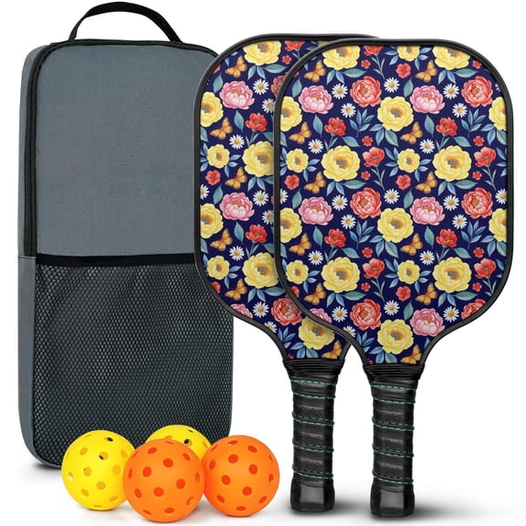 Pickleball Paddles Set,Pioneer Flower Floral Print Pattern Fiberglass Surface Pickleball Racket Set with 2 Indoor Outdoor Pickleball Balls and Pickleball Bag,Pickle-ball Equipment