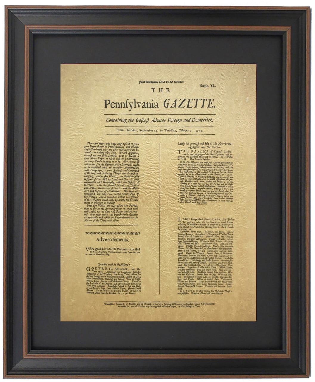 Framed Replica of Ben Franklin's 1729 Pennsylvania Gazette on Antique Parchment