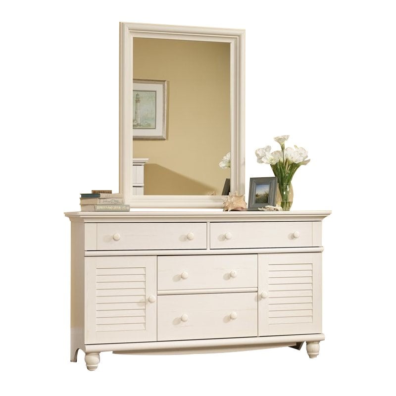 Sauder Harbor View Dresser And Mirror Set In Antiqued White