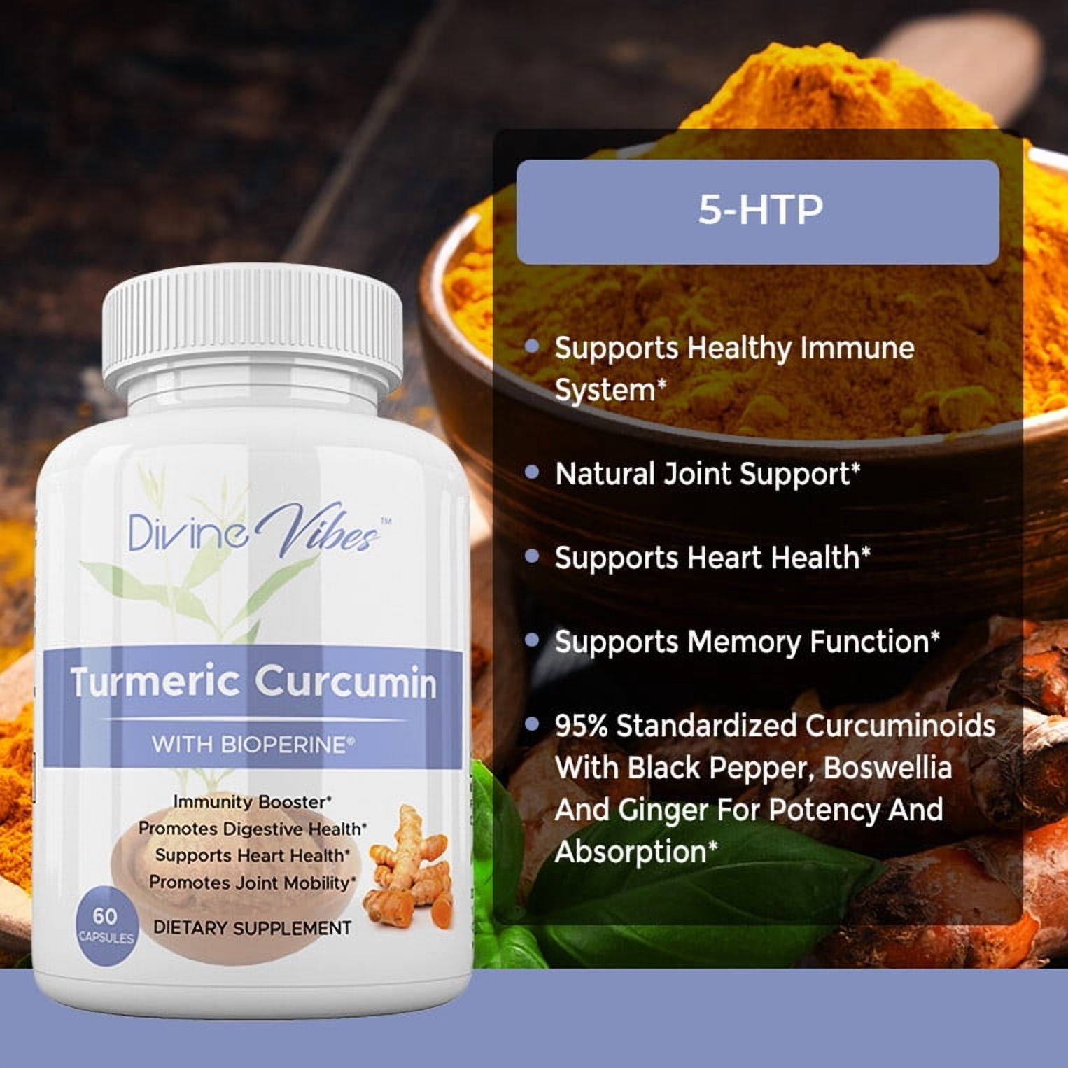 Divine Vibes Turmeric Curcumin with BioPerine® Black Pepper Extract – 95% Curcuminoids, Supports Joint, Heart & Digestive Health, Non-GMO, Gluten-Free, 60 Capsules, Made in USA