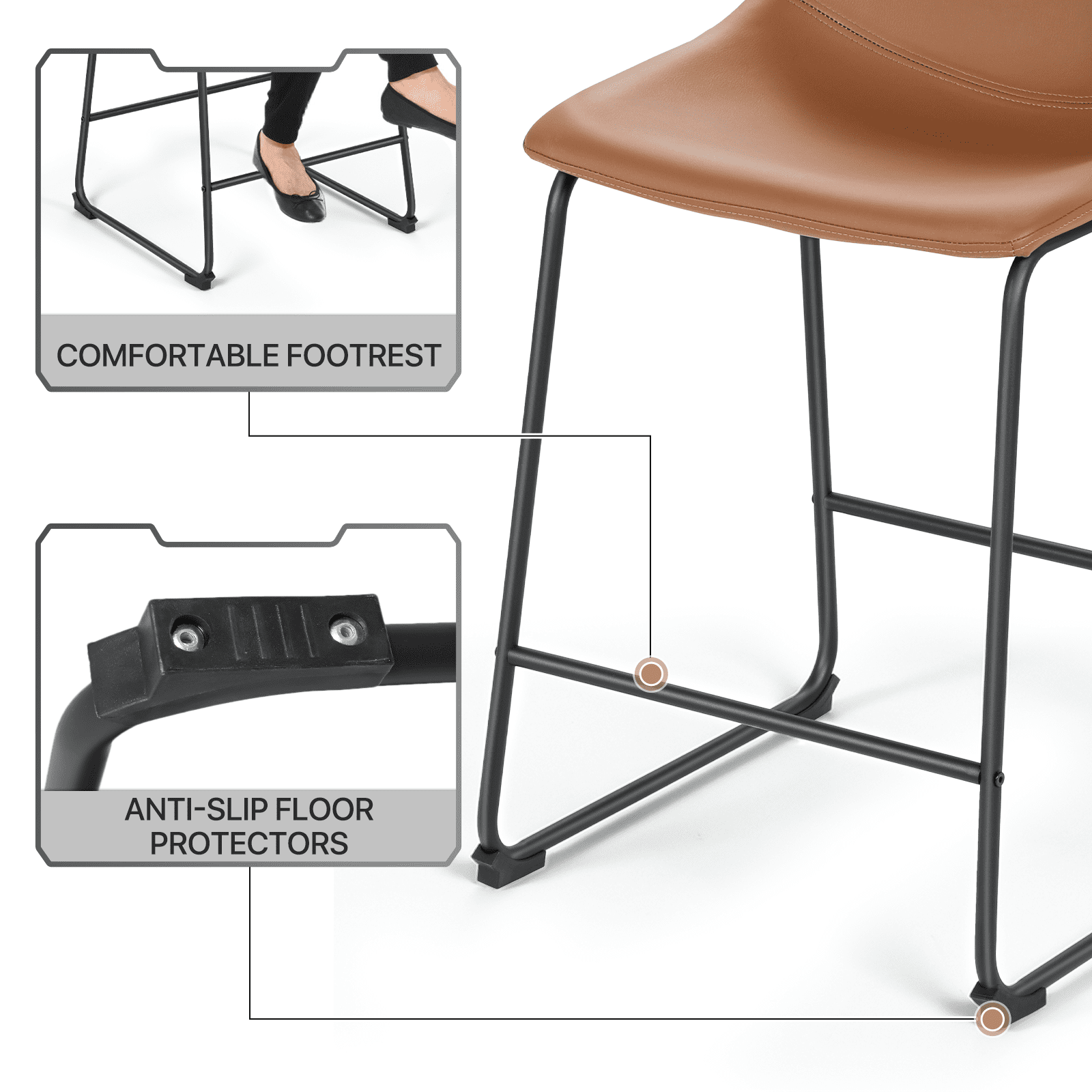 MoNiBloom PU Leather Barstools Set of 2, Modern Counter Height Bar Stools, Dining Pub Chairs with Padded Bucket Seat, Brown