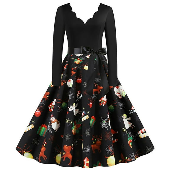 IROINNID Halloween Costumes For Women A-Line Dress Vintage Print Long Sleeve V-Neck Christmas Evening Party Halloween Swing Dress,Multicolor