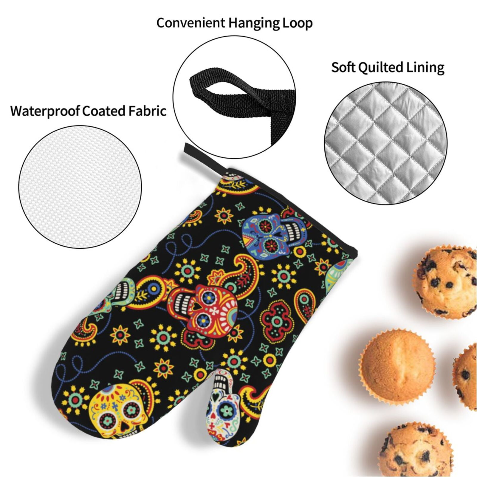 Mexican Skull Paisley 4Pcs Oven Mitts and Pot Holders Sets Oven Kitchen Gloves Hot Pads for Cooking BBQ Baking Grilling