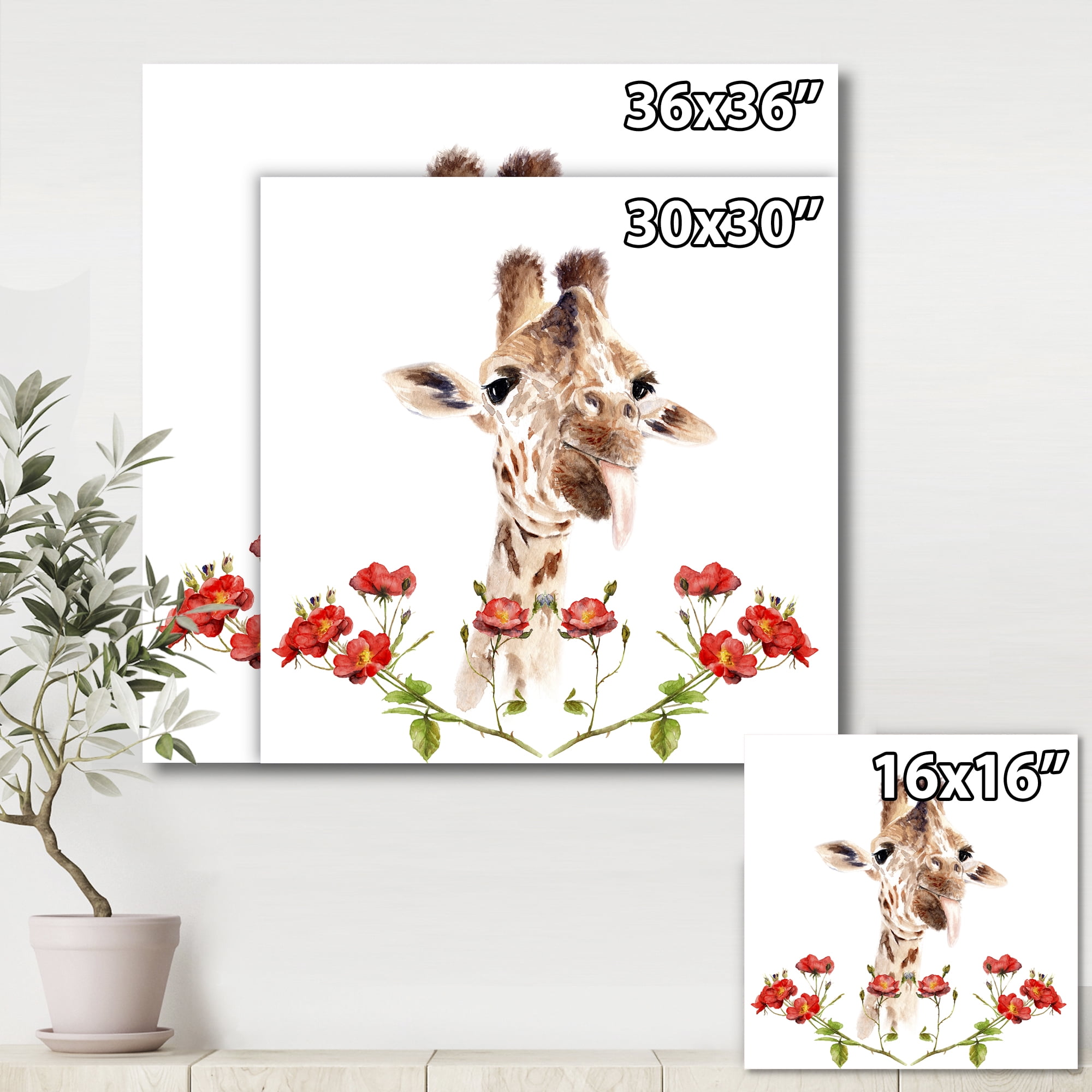 Designart ' Portrait of A Giraffe With Red Flowers I ' Farmhouse Canvas Wall Art Print