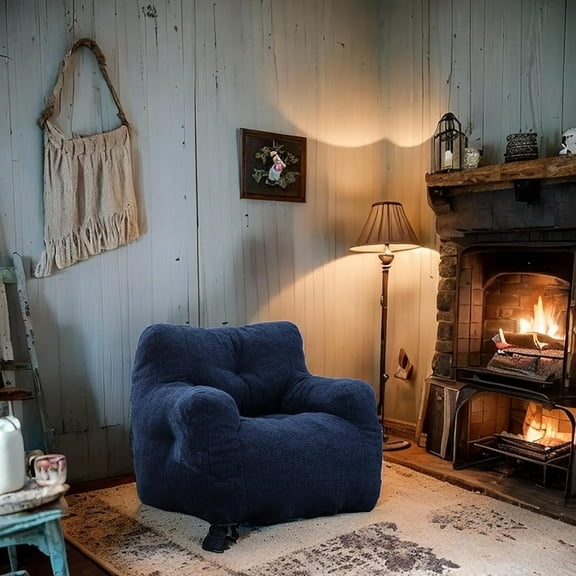 Bean Bag Chairs for Adults,Soft Tufted Foam Chair with Teddy Fabric,Ergonomic Backrest,Pod Lunar,Vaina Lunar (Dark Blue)