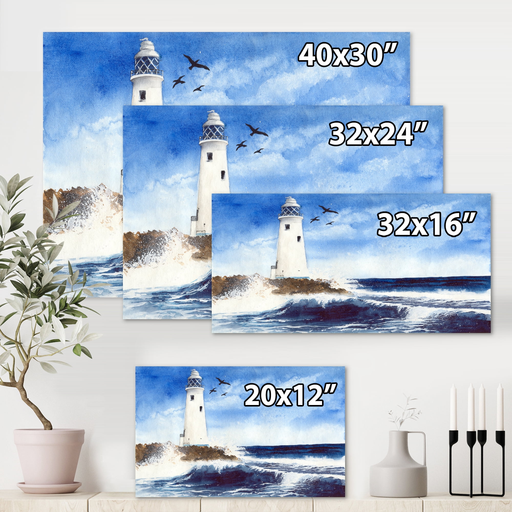 Designart ' Seagulls With Lighthouse On The Rocky Island ' Nautical & Coastal Canvas Wall Art Print
