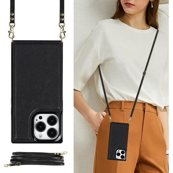 Crossbody Wallet Case for iPhone 14 Pro Max 6.7 inch, Kickstand with Adjustable Removable Lanyard Neck Strap Case Card Holder Case Shockproof Cover Magnetic Clasp Cover Flip Case -Black