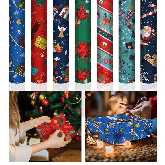 CoreLiving Cute Holiday Character Stripe Roll Wrapping Paper, Vibrant Red and Teal Design with Festive Words, Christmas Gift Wrap for Kids, 1 Roll