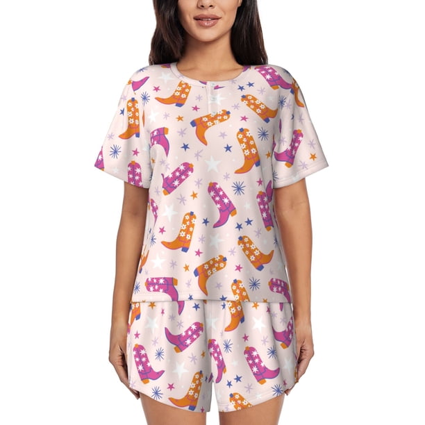 Fotbe Cowgirl Boots Conjunto de Pijama Estampado para Mujer, 2 Piezas, Ropa de Dormir con Camiseta de Manga Corta y Shorts Suaves-Large