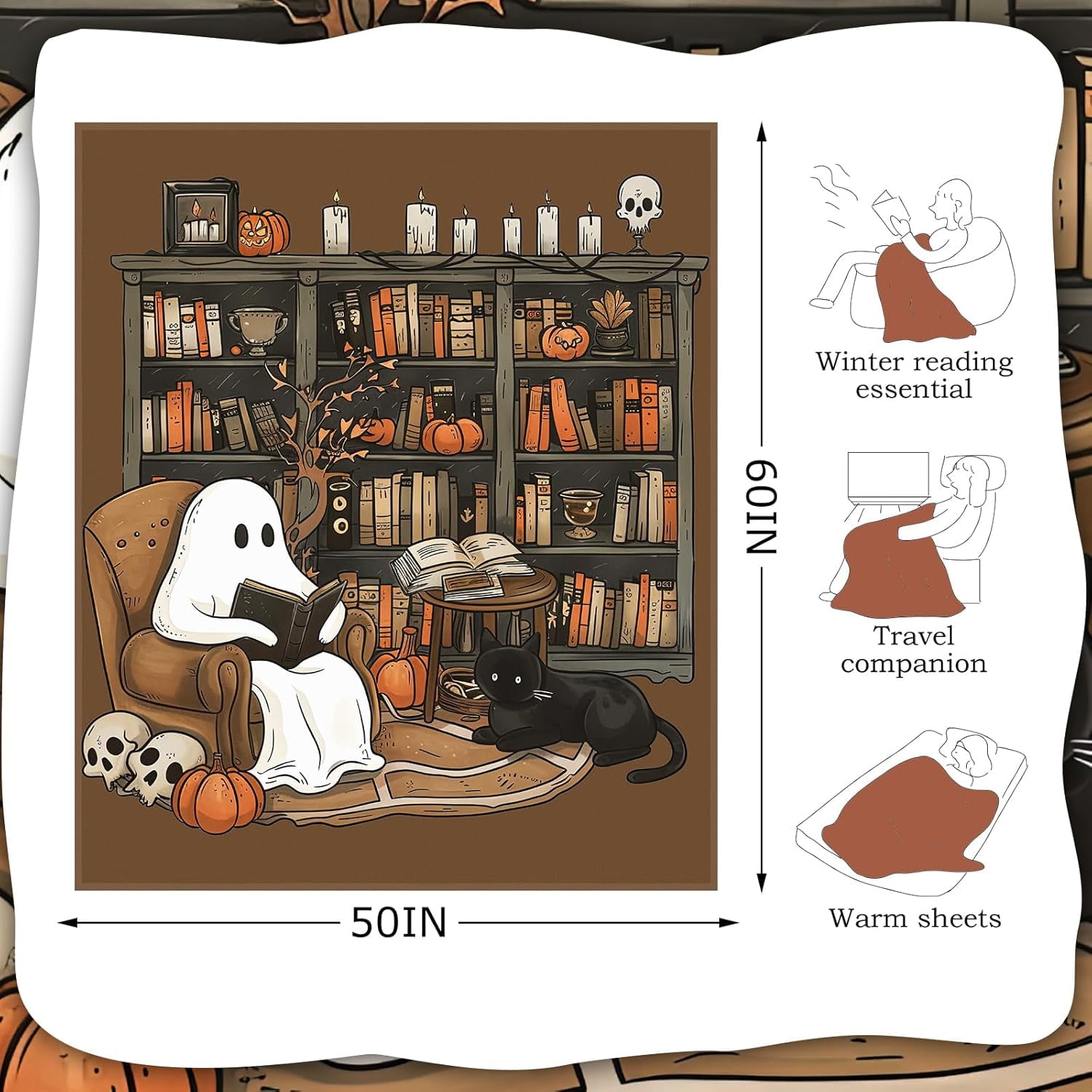 Book Lovers Gifts Throw Blanket 60 x 50 Inch Reader Blankets Christmas Book Club Horror Gifts Basket Stuffers for Women Xmas Bookworm Bookish Librarian Reading Basket(Ghost)