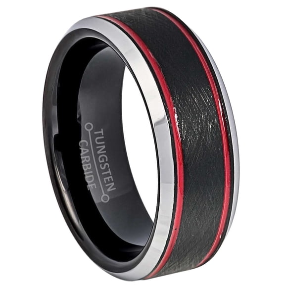 Jewelry Avalanche Double Red Grooved Accent Tungsten Wedding Band for Men, Firefigther Ring, 8MM, size 10