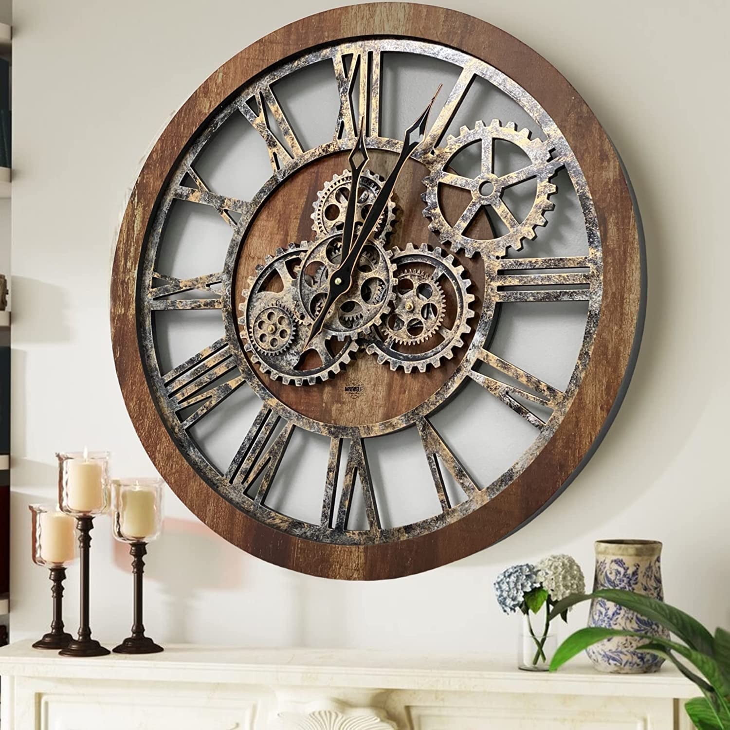 THE GEARS CLOCK Wall Clock with Real Moving Gears AM LI 24 in Round Vintage Brown