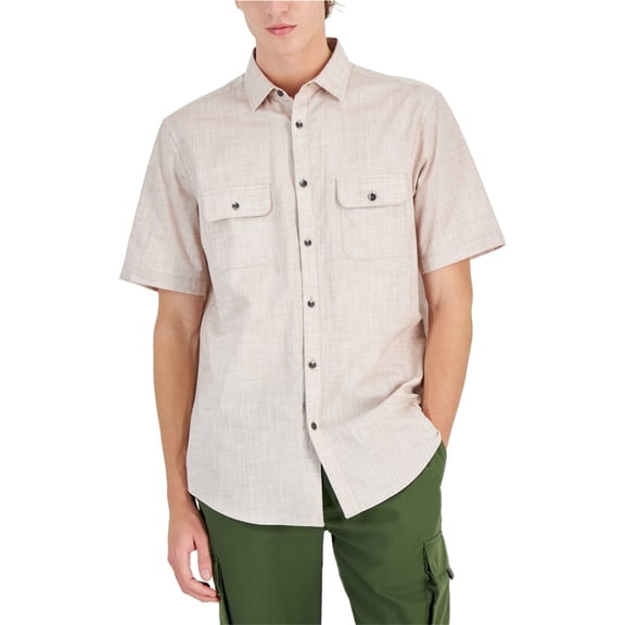 Alfani Mens Regular fit Short Sleeve Button-Up Shirt Small Light Brown