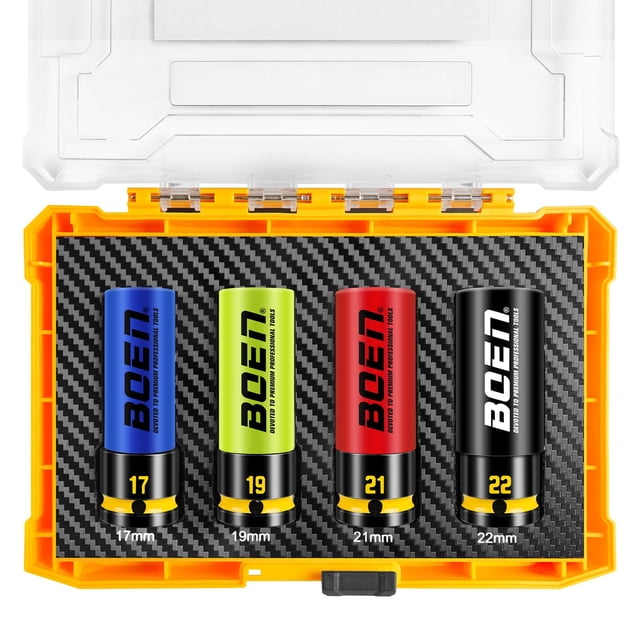 BOEN 1/2" Drive Impact Lug Nut Socket Set, 4 Pieces Non-Marring Thin Wall Wheel Protector Nut Socket, Metric (17, 19, 21, 22) mm, Color-Cod