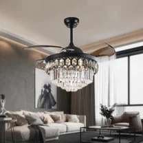 More Change Black 42" Crystal Ceiling Fan Light and Remote Retractable Fan Chandelier LED 3-Color