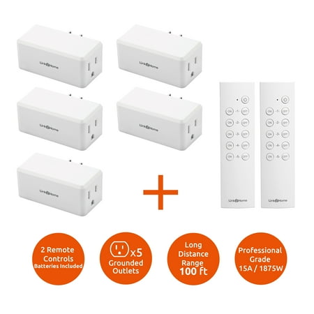 Link2Home Wireless Remote Control Electrical Outlet Switch for Household Appliances and Electronics; 5 Outlets, 2 Remotes