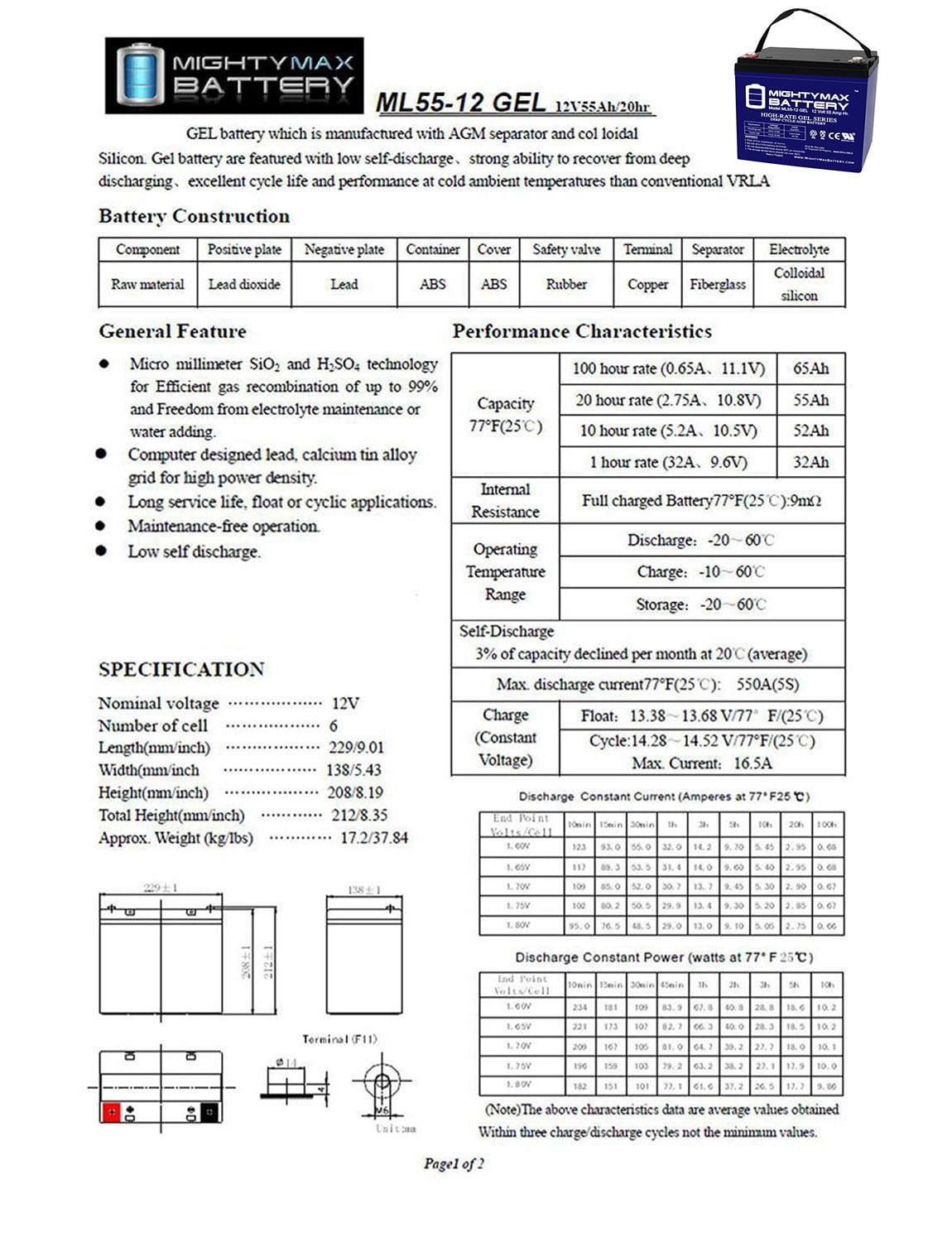 12V 55AH GEL Battery Replaces AGM BCI Group 34/78 Car and Truck