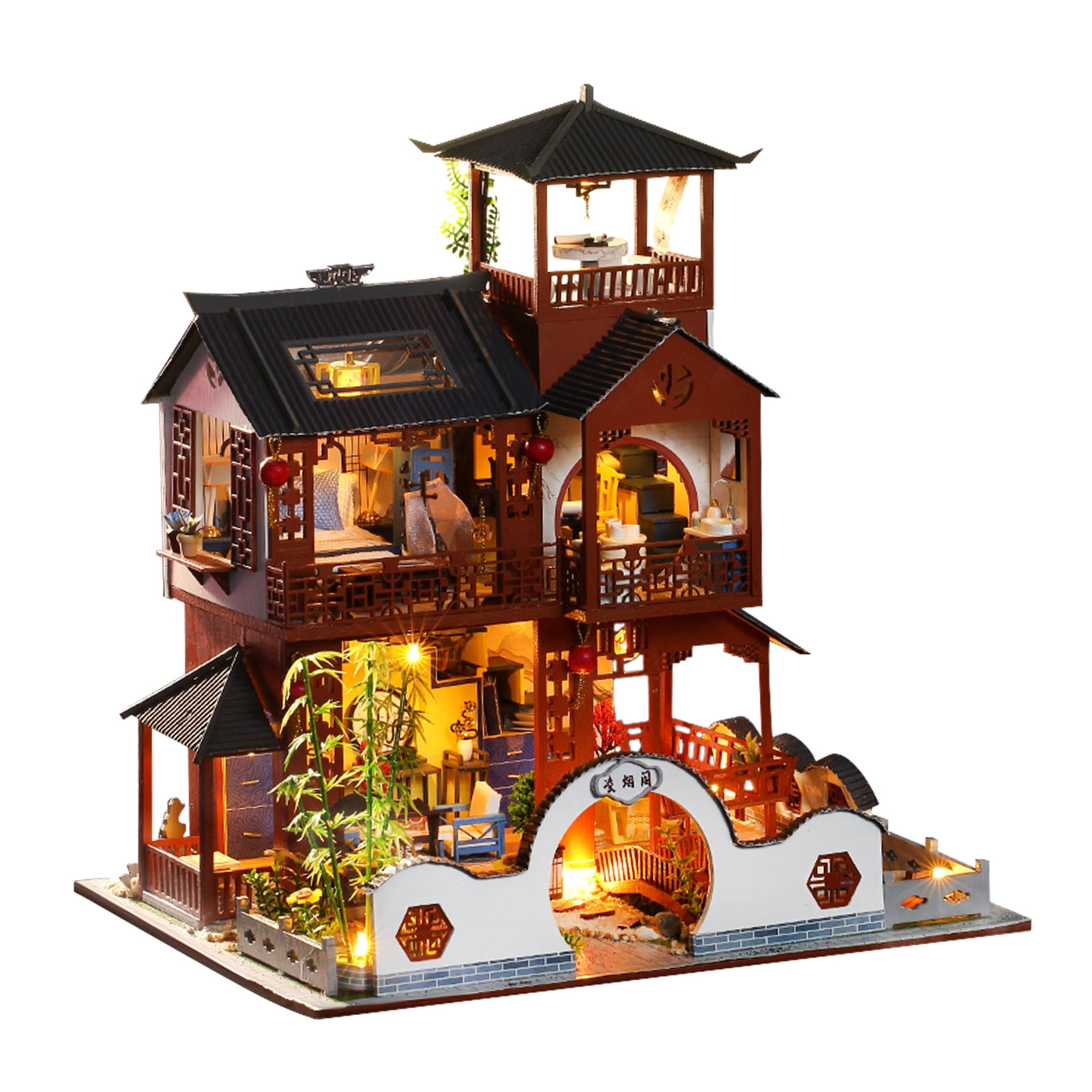 WYD DIY Chinese DIY Doll House Ancient Architecture Handmade Mini Wooden House Miniature Dollhouse Furniture Set Children Toys New Year Birthday Wedding Gift Panxi Tea House
