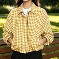 thumbnail image 3 of DISKEBUISS Women's Cropped Gingham Plaid Jacket Lapel Zip & Snap Long Sleeve Short Outerwear for Fall Winter, 3 of 8