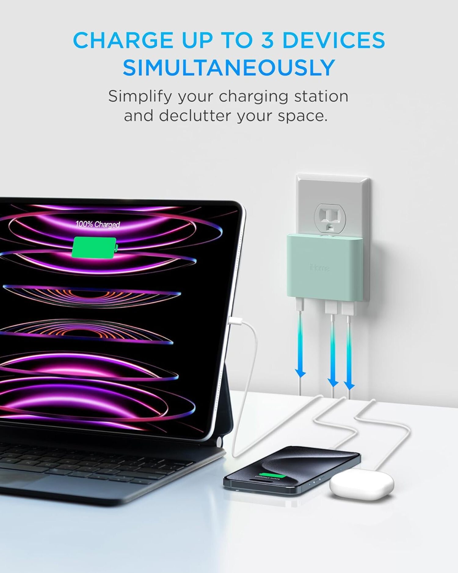 iHome 32W AC Pro Wall Charger, 3-Port (1 USB-C, 2 USB-A), Fast Charging, Universal Compatibility