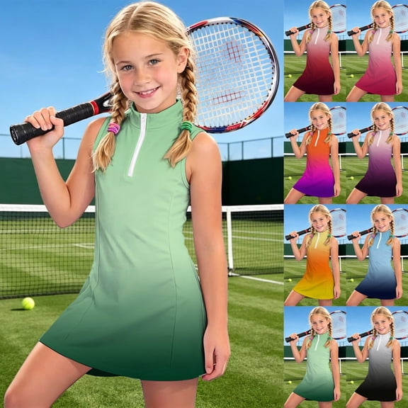 CAIXIA Girls Tennis Dress 1/4 Zip Golf Outfit Built-in Bra & Shorts Pickleball Athletic Dress Workout Pockets