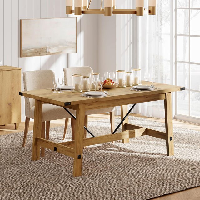 WAMPAT, Farmhouse Dining Table, 67.7 Inch, 6 Person, Rectangular Wood Table, Modern Kitchen Table, Metal Decor, Footrest, Oak
