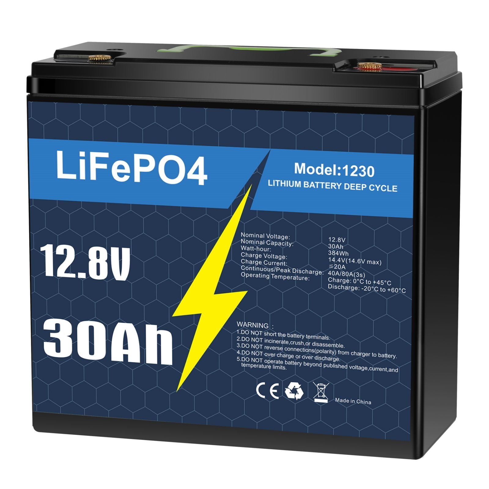 12V 30Ah LiFePO4 Lithium Battery with 30A BMS for Solar, Trolling Motor