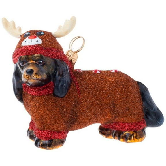 Joy To The World Black Tan Cavalier King Charles in Reindeer Pajamas Ornament