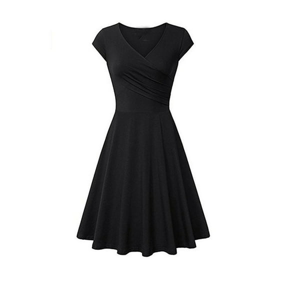 Sentmoon Casual Black Dresses for Women Short Sleeve V Neck Holiday Dresses for Women Pocket Pleated Solid Color Short Dresses,Loose Flowy Fashion A-line Dresses Black XXL Sales Today