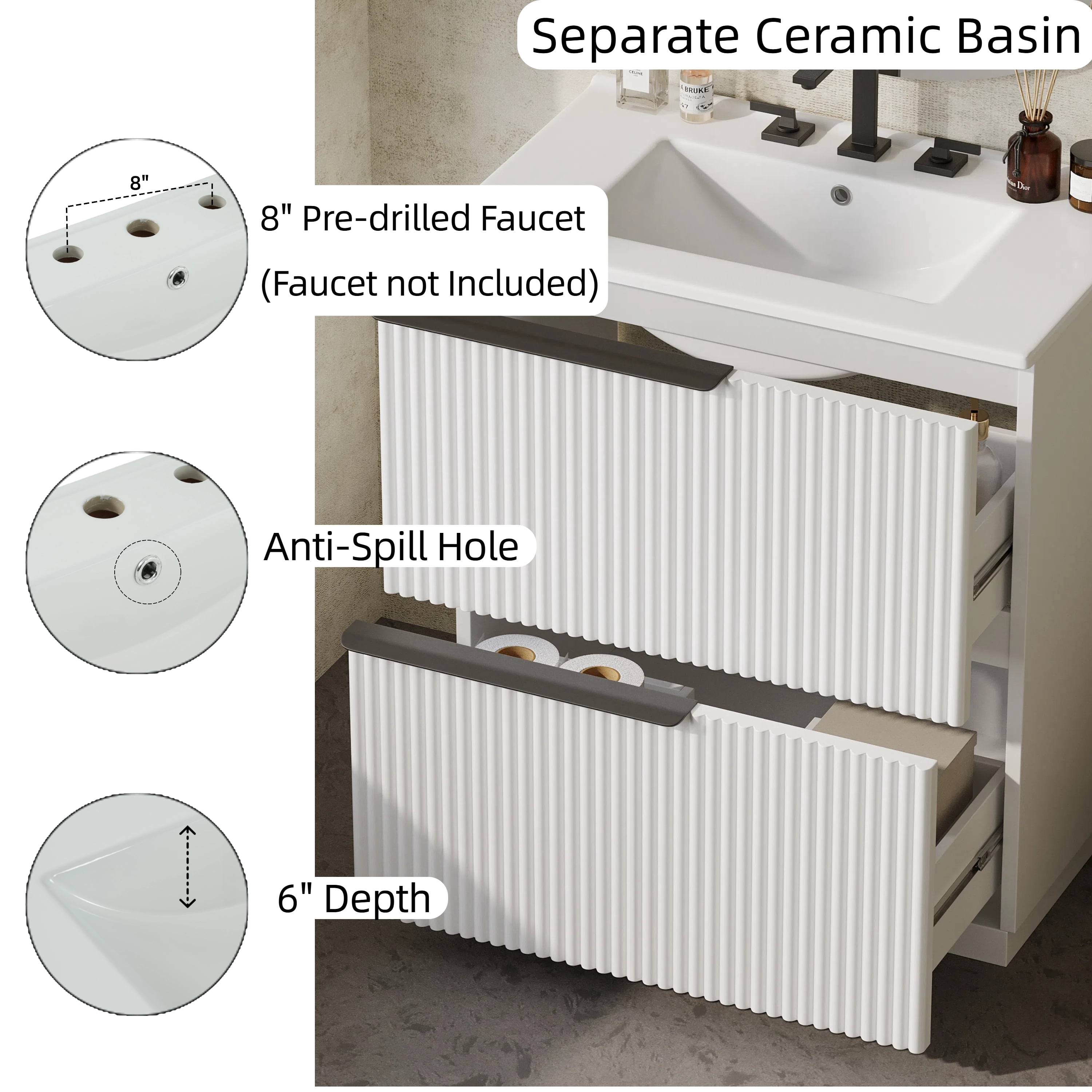 30" Bathroom Vanity with Ceramic Sink and Full-Extension Drawers, Freestanding Bathroom Vanity with Soft Close Drawer Slides, Fluted Design, White