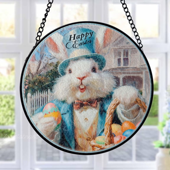 Easter Bunny Stained Glass Suncatcher Metal Outdoor Decor Painterly Art Colorful
