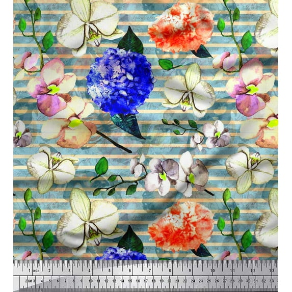 Soimoi polyester Crepe Fabric Stripe & Orchid Floral Print Fabric by the Yard 52 Inch Wide