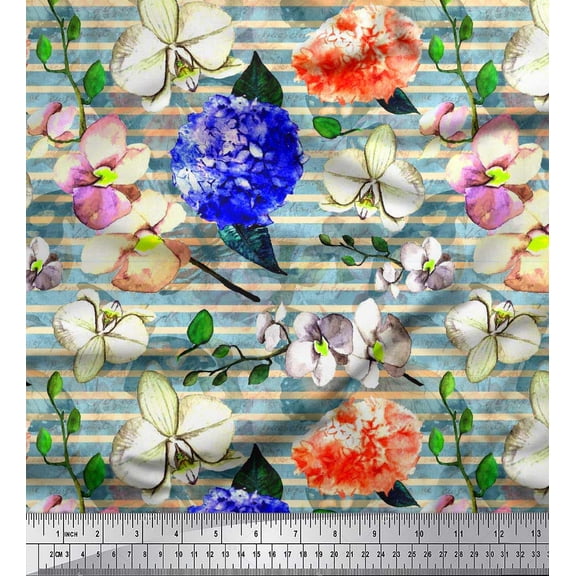 Soimoi Cotton Duck Fabric Stripe & Orchid Floral Decor Fabric Printed Yard 42 Inch Wide