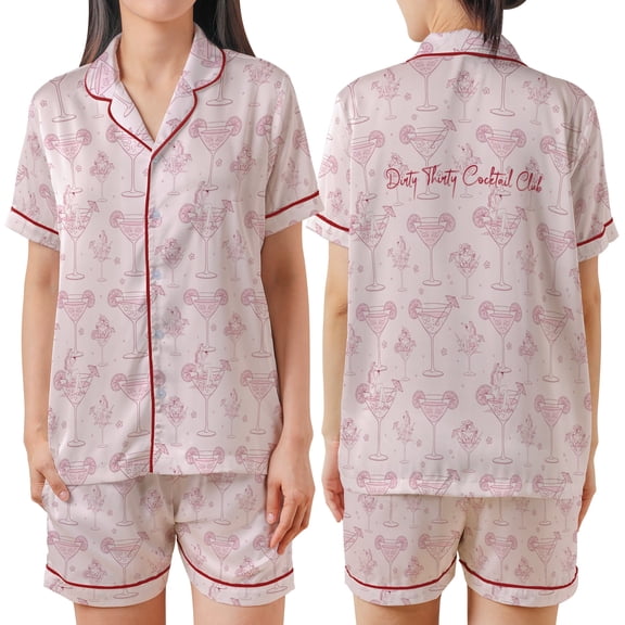 Lotusprinthandmade Cocktail Club All-over Print Satin Short-Sleeve Pajamas Set (S) – Cocktail Fashion Pajamas