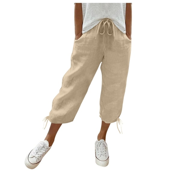 WGRFFH Capri Leggings for Women Pedal Pushers with Pockets,Slit Hem Drawstring Basic Editions Women's Pants Cotton Linen Cropped Pants High Waist Cropped Trousers for Travel Outdoor Khaki