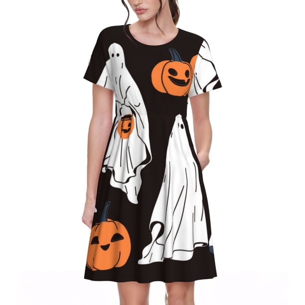 Balery Halloween Ghosts And Pumpkins Vestidos sueltos de manga corta para mujer, vestidos de verano 2025, vestidos casuales de corte A con vuelo.