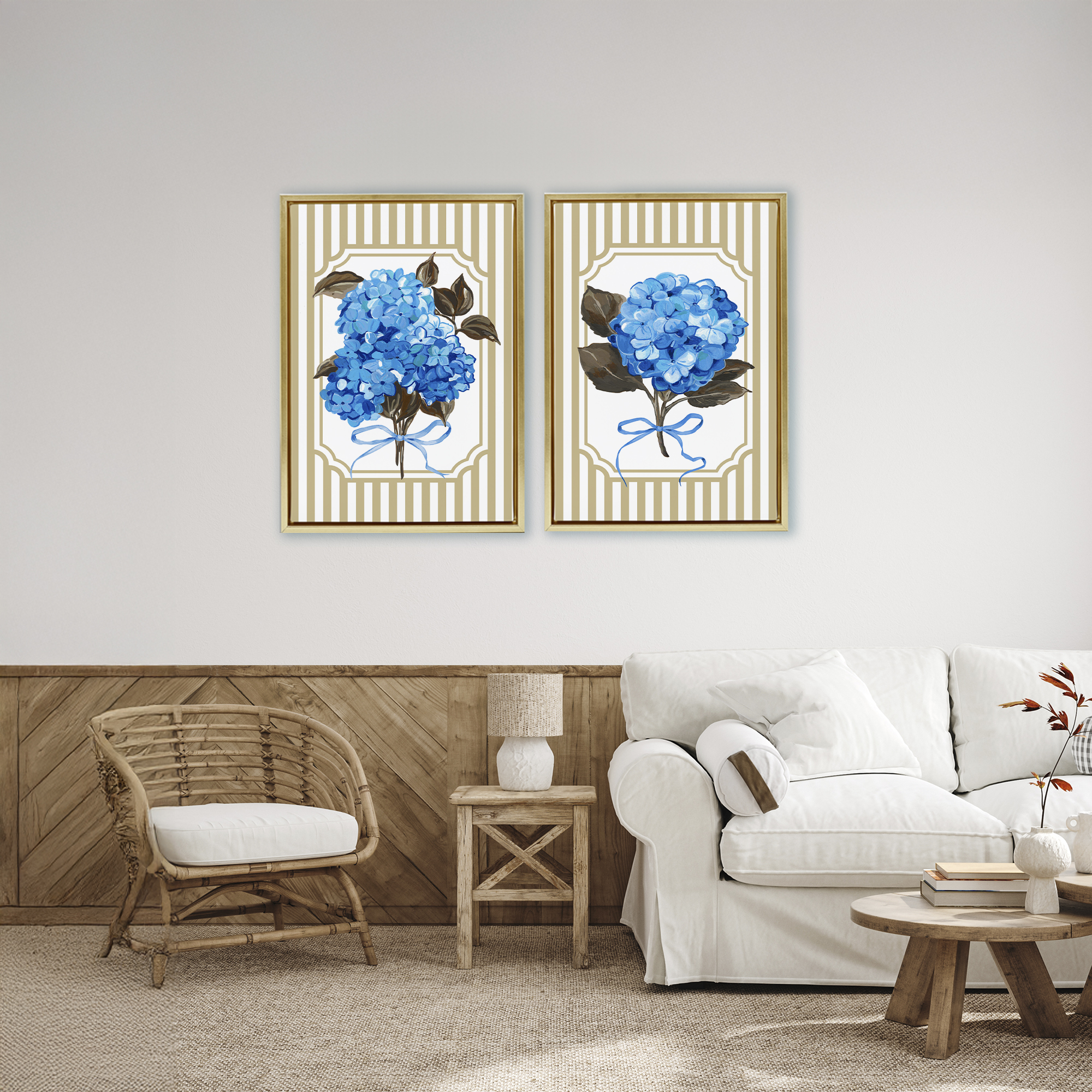 Hydrangea Bouquets with Bows 2 Piece Gold Framed Floater Canvas Set, design by Adonna Ebrahimi