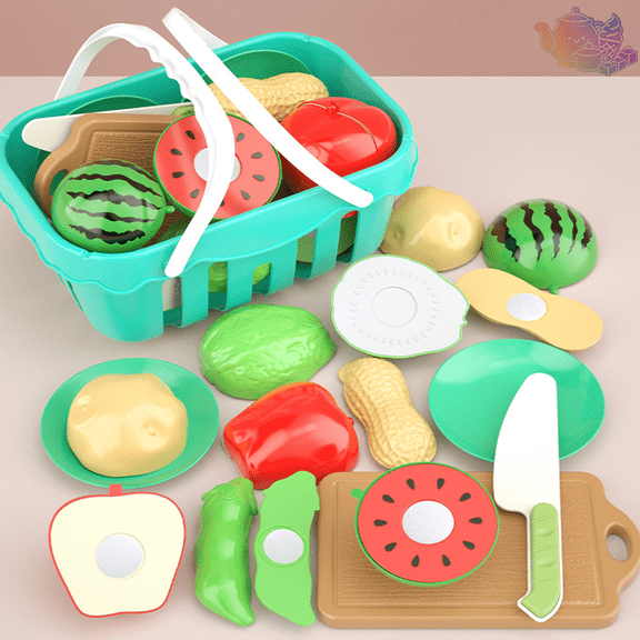 Kids Pretend Cutting Play Food Set with Storage Basket, Detachable Fruits, Vegetables, Cutting Board and Toy Knife, Grocery Pretend Play House Toys, Cooking Role Play Toy for Kids Ages 3 and Up
