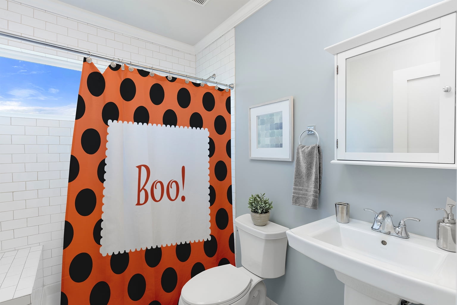 Simply Daisy 70" W x 73" L Halloween Boo Dots Polyester Shower Curtain, Traditional Orange [1 Ct]