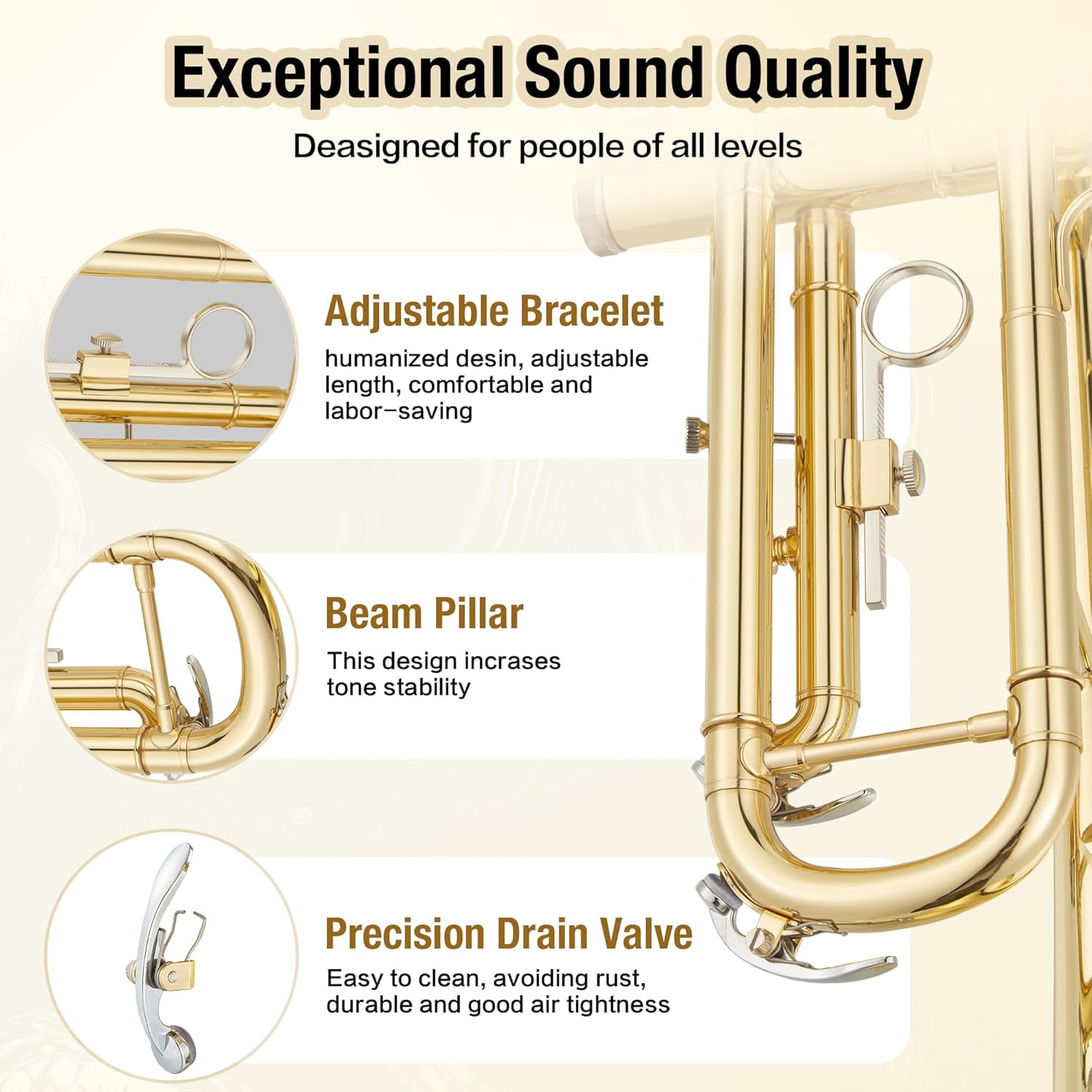 B-Flat Trumpet, Gold Nickel-Plated Brass with Hard Case, Gloves & Cleaning Kit, 3-Valve Trumpet for Beginners and Adults, Suitable for School Bands and Practice