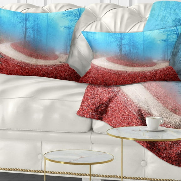 Designart Curved Road in Autumn Forest - Landscape Photo Throw Pillow - 12x20